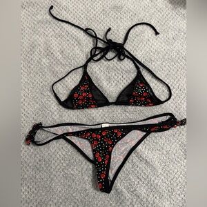 Wicked Weasel Black and Red Cherry Print Bikini Set